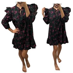 Sugarlips Floral Ruffle cotton Dress with pockets - dark green and pink